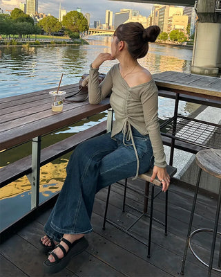Side-shirred off-shoulder knit