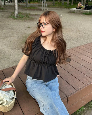 Ribbon Shirred Off-Shoulder Blouse