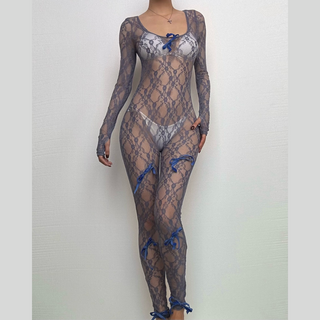 Long sleeve see through bowknot lace jumpsuit