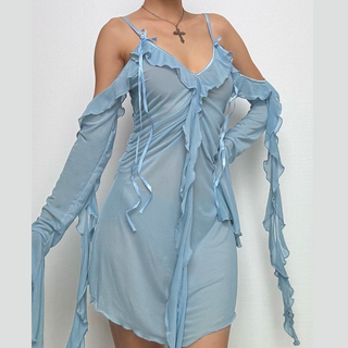 Long flared sleeve Off shoulder sheer mesh ruffle mini dress