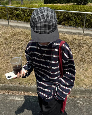Checkered cap with drawstring