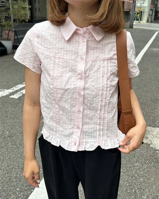 Checked pintuck detail short-sleeved blouse