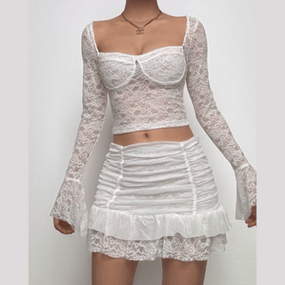 Long flared sleeve ruched lace sweetheart neck solid mini skirt set