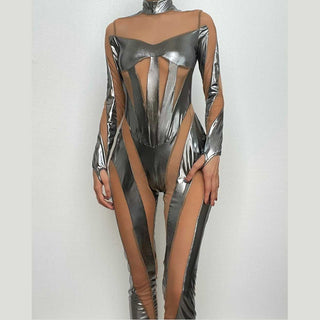 Metallic zip-up long sleeve gloves mesh patchwork high neck jumpsuit
