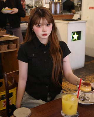 Flap pocket cropped short-sleeved shirt