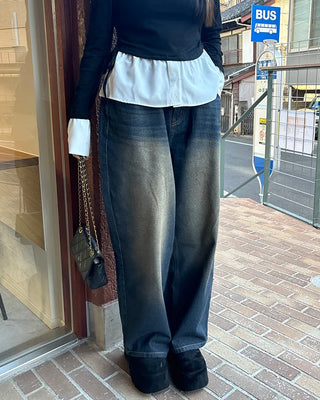 Vintage Wash Wide Fit Denim Pants