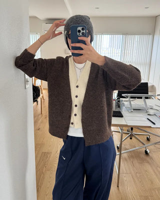 Soft color-blocked V-neck cardigan