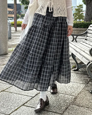 Checked Shirred Long Skirt