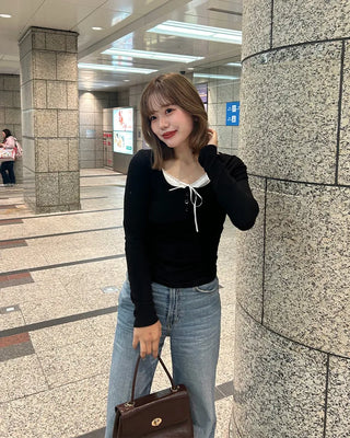 Ribbon Button Long Sleeve T-Shirt