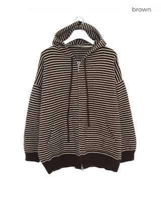 Striped knit hooded zip-up