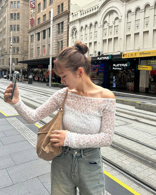 See-through lace long-sleeve T-shirt