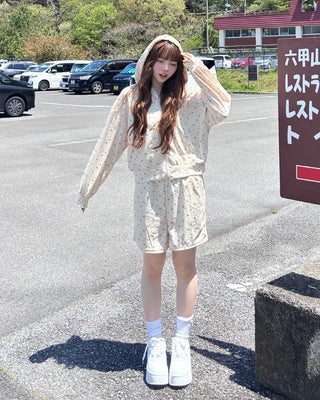Flower zip hoodie & shorts set