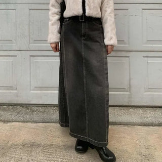 Line back slit maxi denim skirt