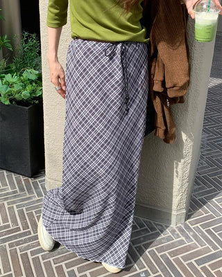 Checked drawstring long skirt