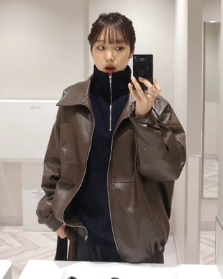 Loose-fit leather jacket