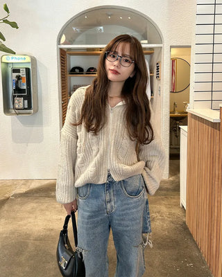 Hooded knit zip-up