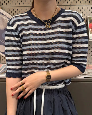 Wave Rib Border Half Sleeve Knit
