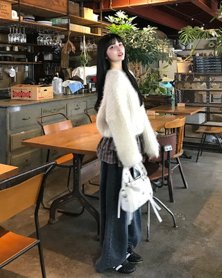 Boat neck cropped shaggy knit