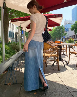 Washed long denim skirt