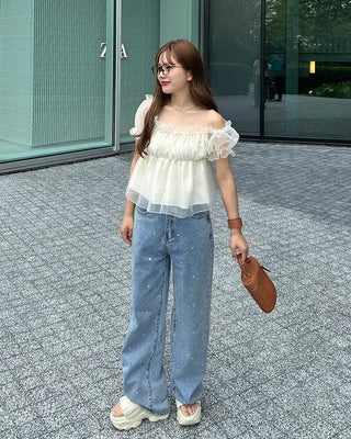 Organza Shirred Off-Shoulder Blouse