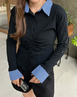 Checked layered gathered cardigan