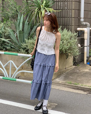 Checked tiered long skirt