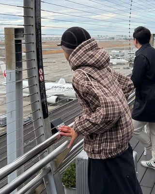 Boa-lined check hooded jacket