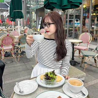 Striped Button One-Shoulder T-Shirt