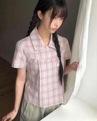 Round collar check pattern short-sleeved blouse
