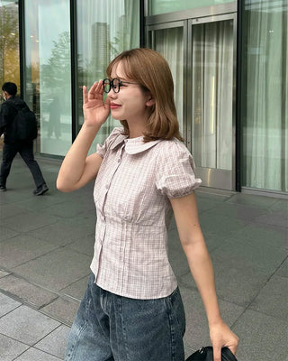 Round collar check short-sleeved blouse