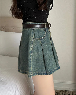 (Belt set) Denim pleated mini skirt
