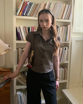 Checked cap-sleeve shirt blouse