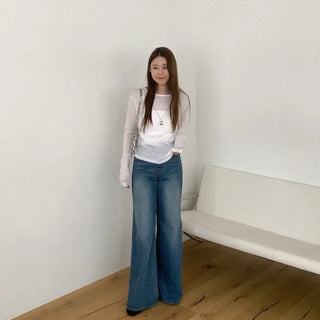 Ribbed sheer long-sleeve T-shirt