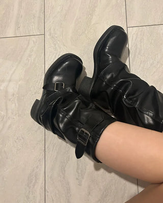 Buckle Point Leather Mid-Calf Boots