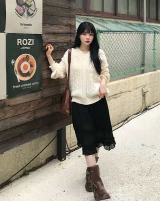 V-neck Cable Balloon Sleeve Long Knit
