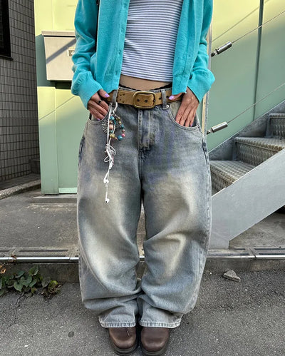 (Unisex) Vintage Wash Wide Straight Jeans