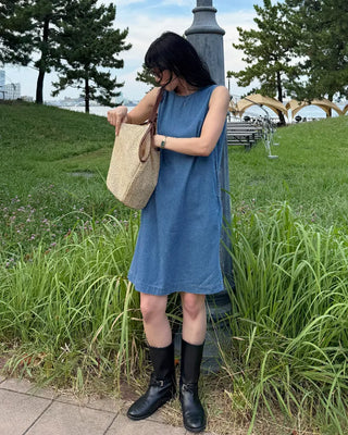 Round neck denim midi dress