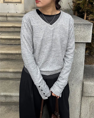 Sleeve Button V-Neck Long T-Shirt