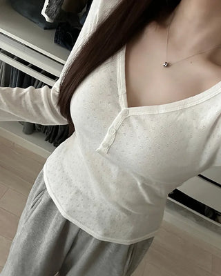 V-neck perforated button long-sleeve shirt