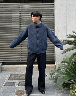 Polo collar multi-knit cardigan