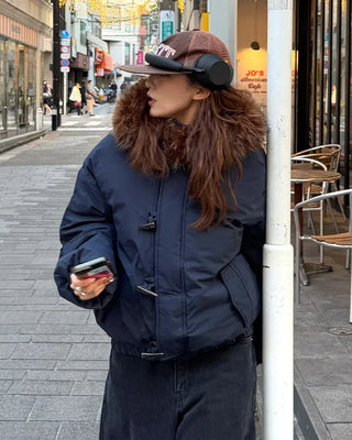 Button-up hooded fur padded jacket
