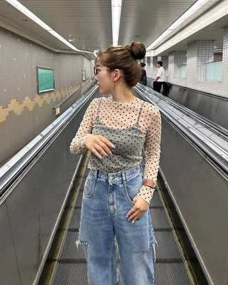 Polka Dot See-Through Long Sleeve T-Shirt