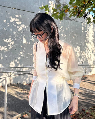 Collarless sheer blouse