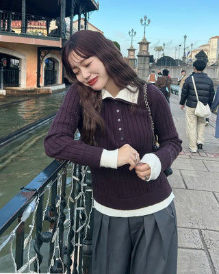 High-neck layered button knit
