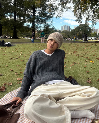 Cable knit oversized V-neck sweater