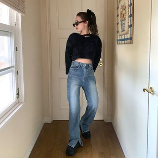 Flared slit denim pants