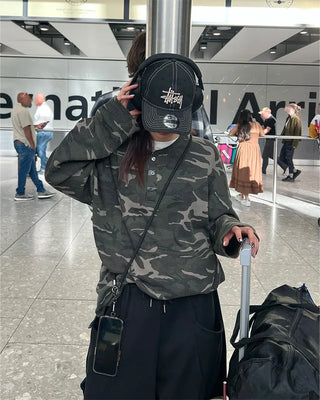 Camouflage Waffle Henley Neck Long T-Shirt