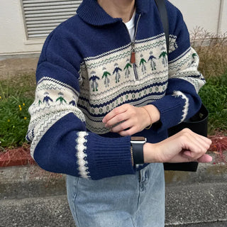 Patterned Half-Zip Knit Sweater