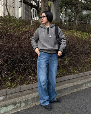 Two-tone knit half-zip hoodie