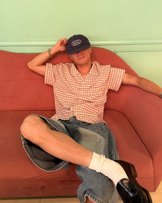 Checked embroidered short-sleeved shirt